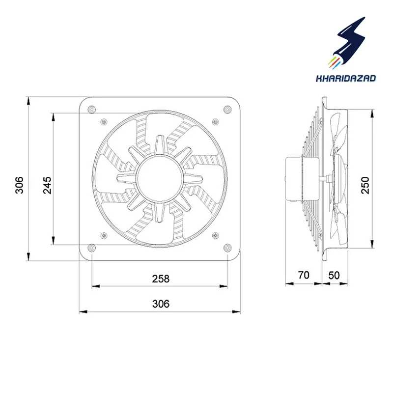 ابعاد و سایز هواکش فلزی دمنده VMA-25C2S قطر پروانه 25